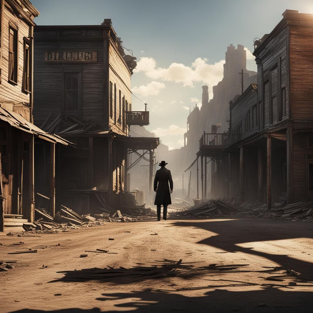 Western Gunslinger Silhouette in Dilapidated Town