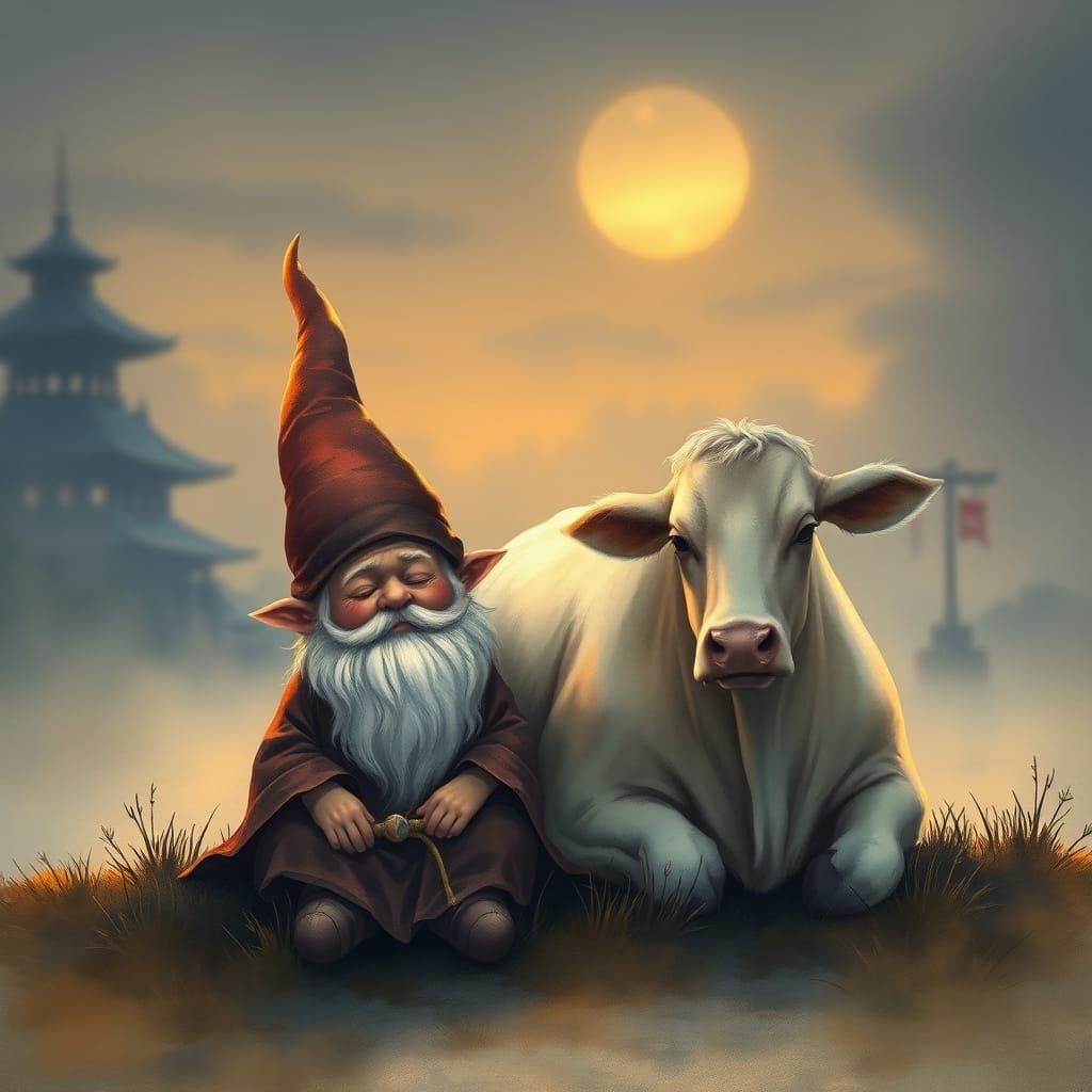 Serene Gnome and Cow at Twilight in Dreamlike Airbrush Art
