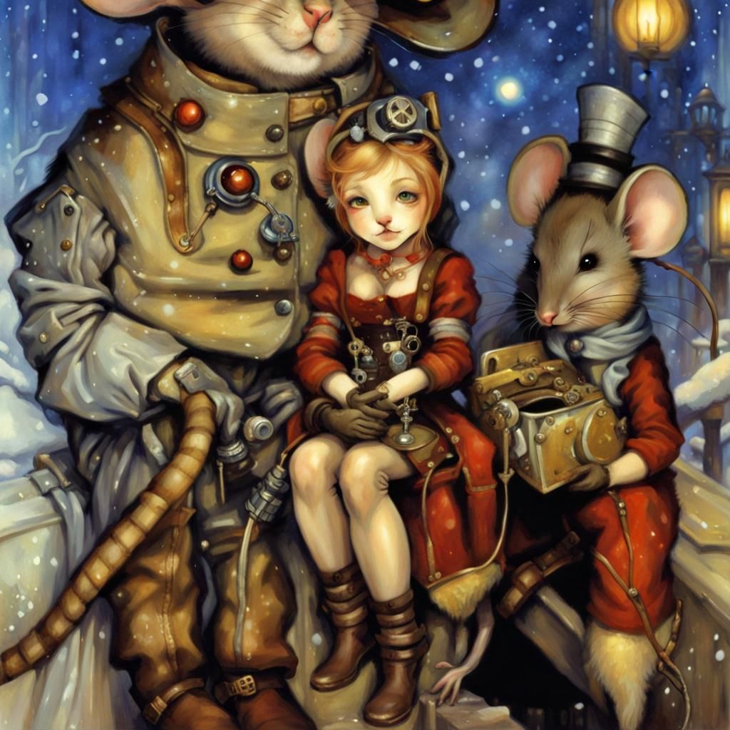 Steampunk Mouse in Winter Fantasy Fairycore Scene