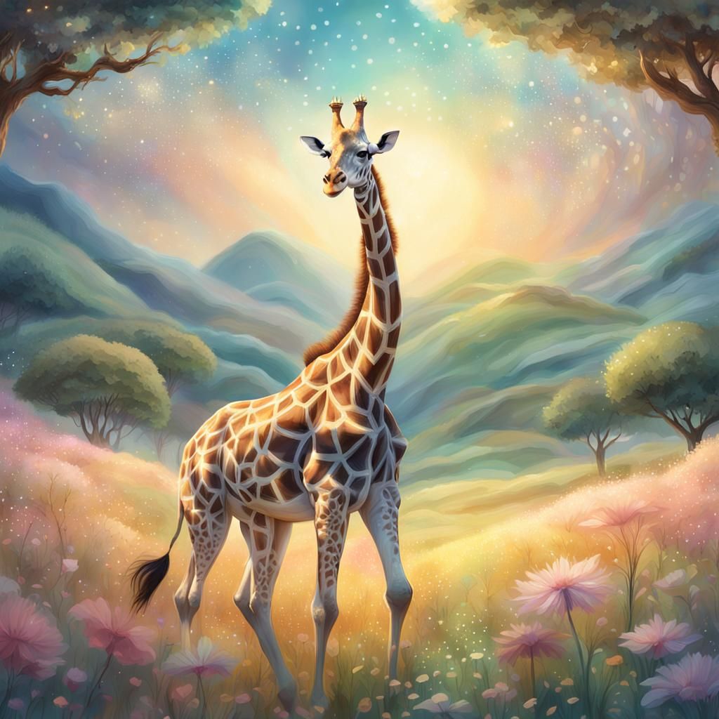 Giraffe Prances as Fairytale Creature in Meadow