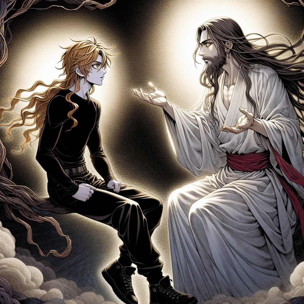 Manga-Style Hero Engages in Profound Conversation with Divin...