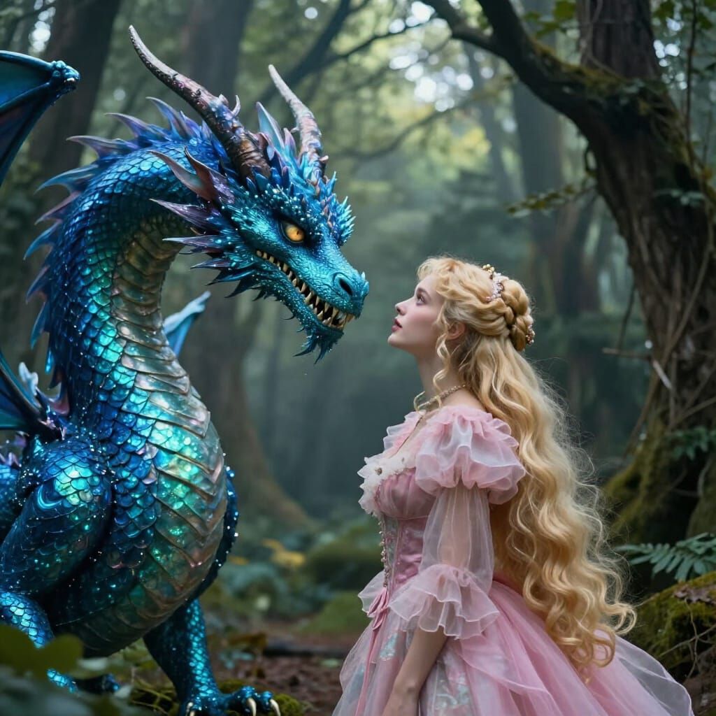 Magical Dragon Meets Victorian Lady in Enchanted Forest