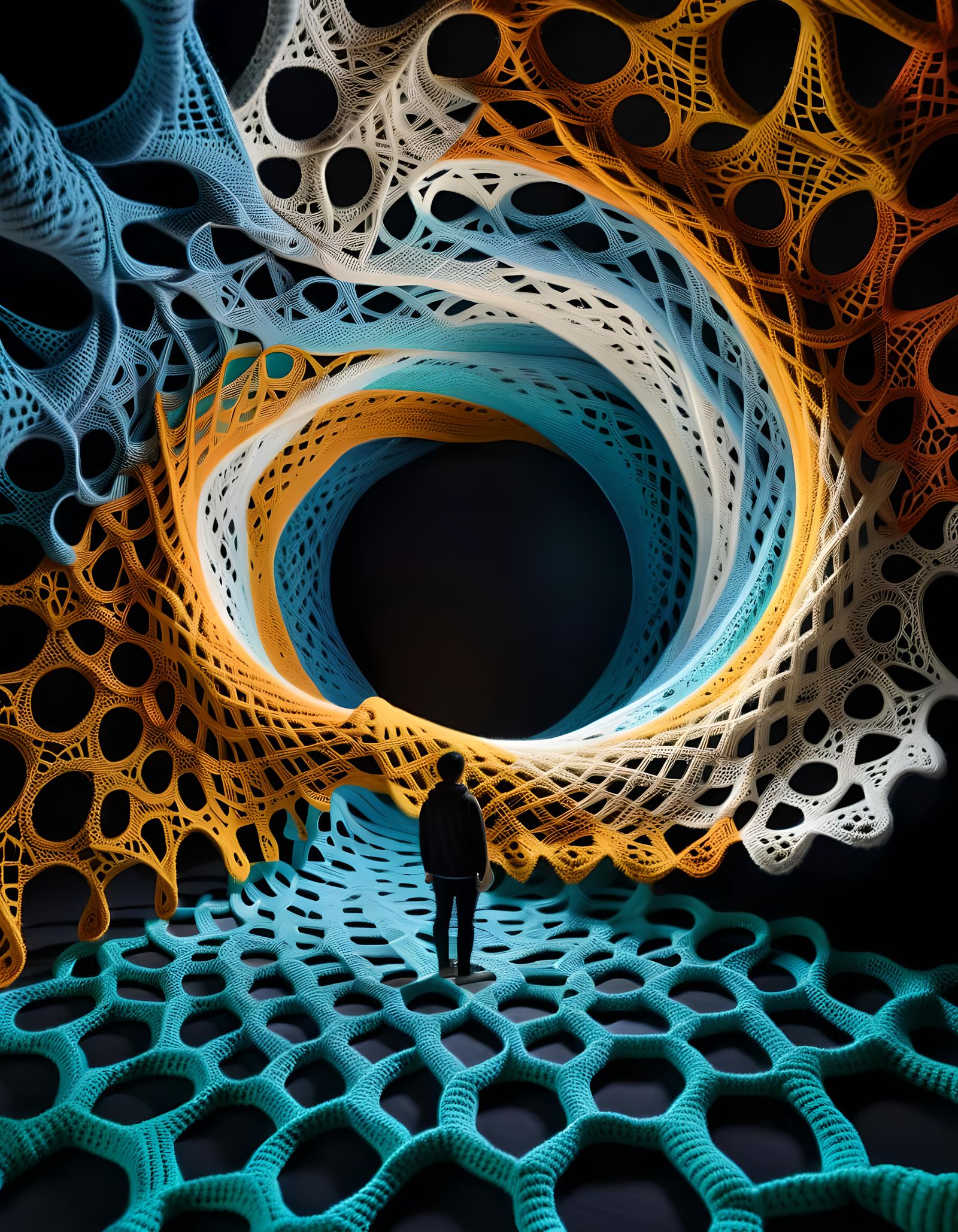 Surreal Person Stares into Void with Crochet Art