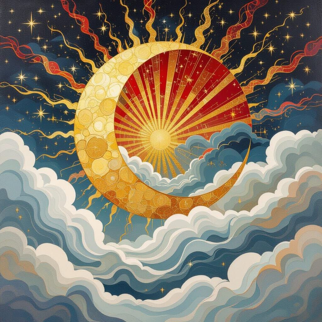 Psychedelic Ancient Moon Painting with Golden Rays