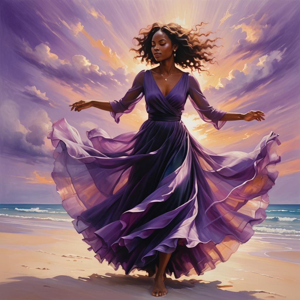 Ethereal Painting of Woman Dancing on Purple Beach