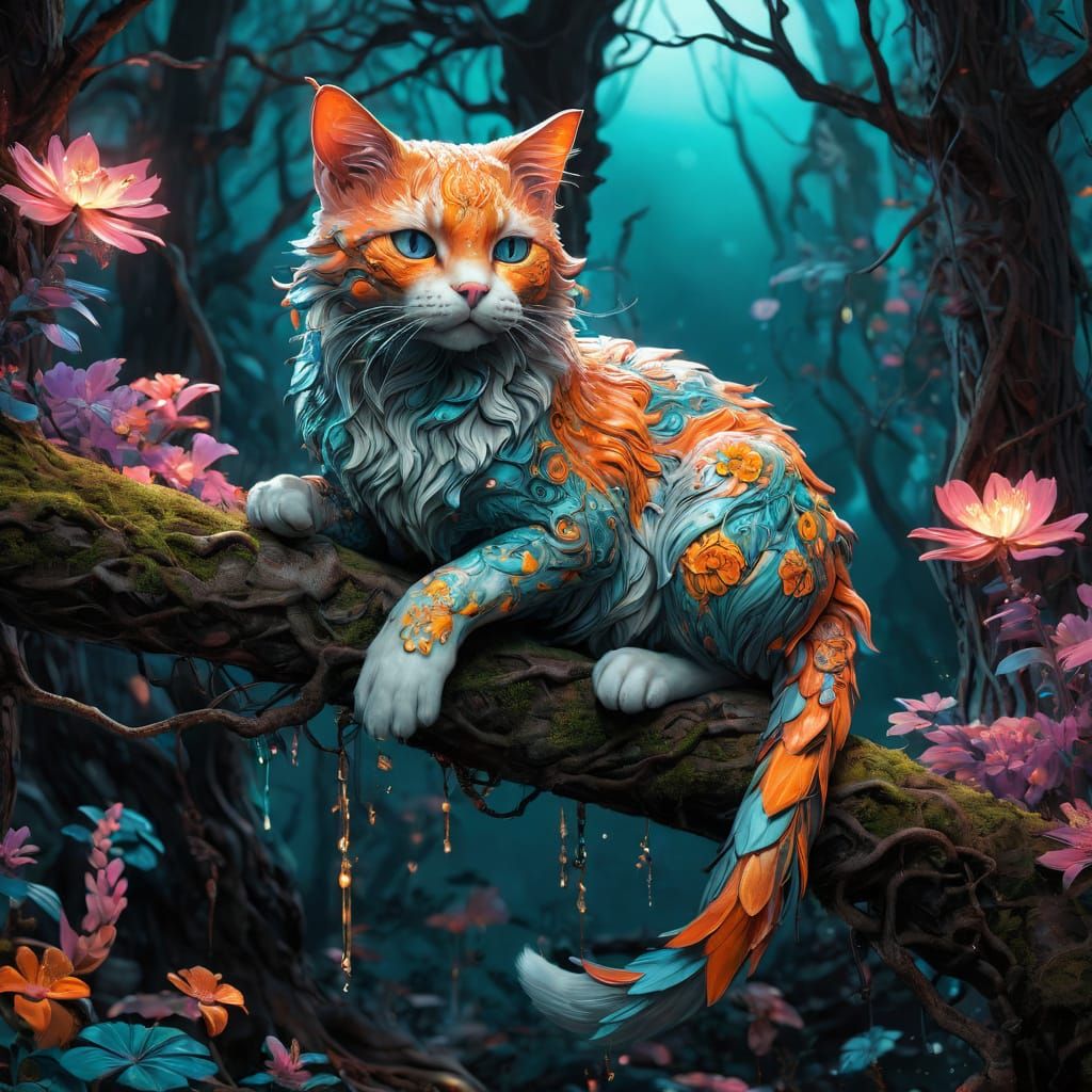 Surreal Whimsical Cat in Enchanted Forest
