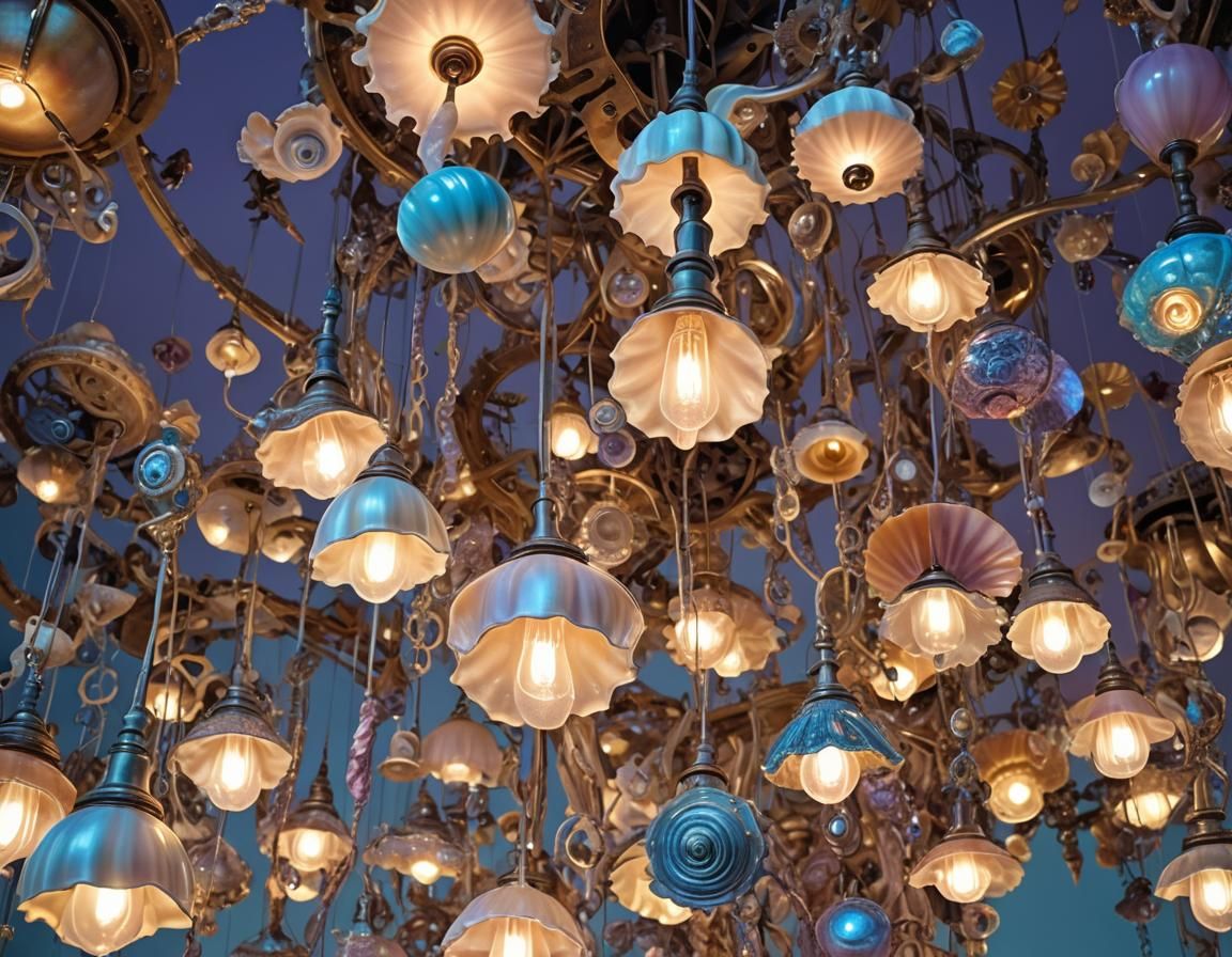Surreal Seashell and Gear Lamps in Mid-Air