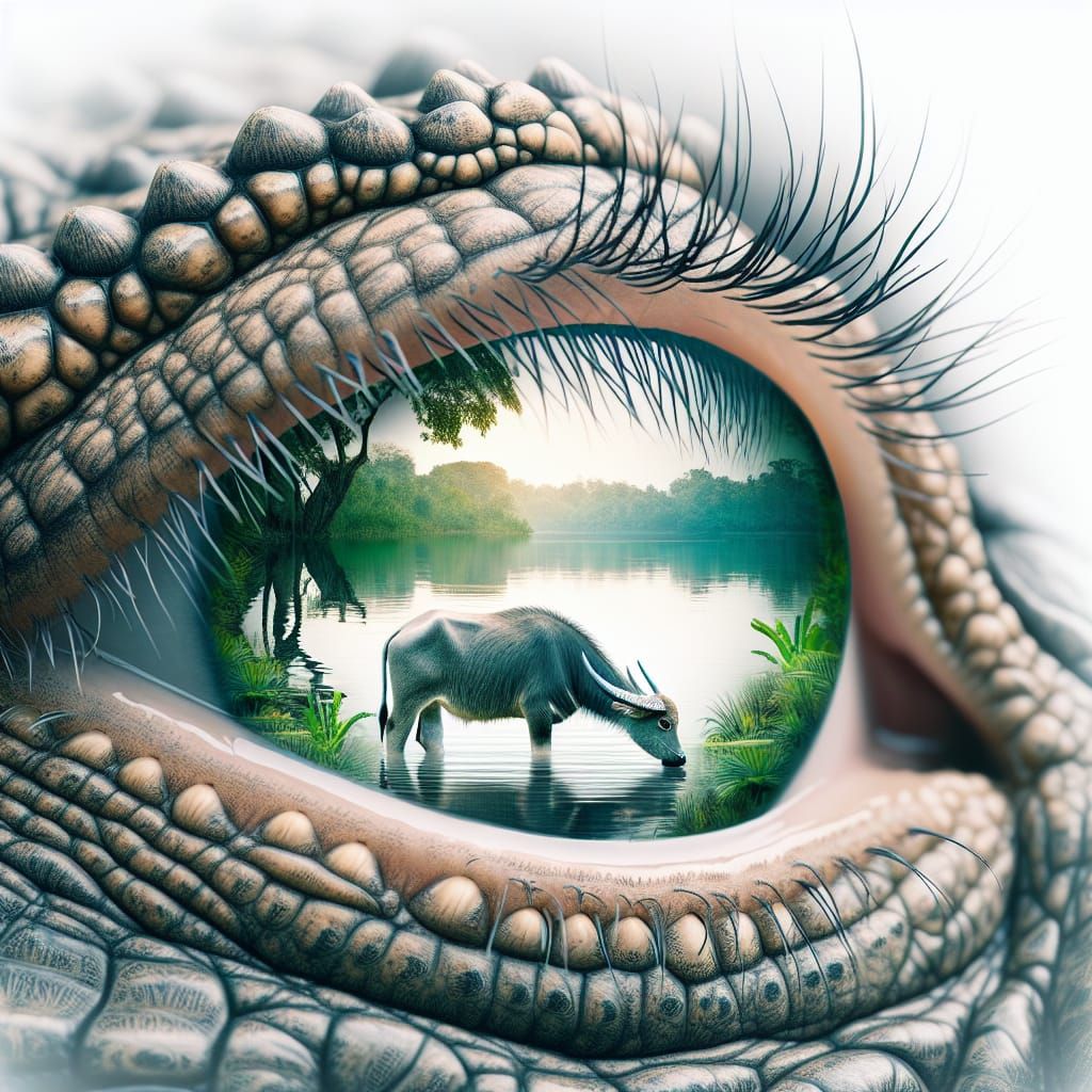 Crocodile's Eye Reveals Dreamy Buffalo Scene in Hyper-Realis...