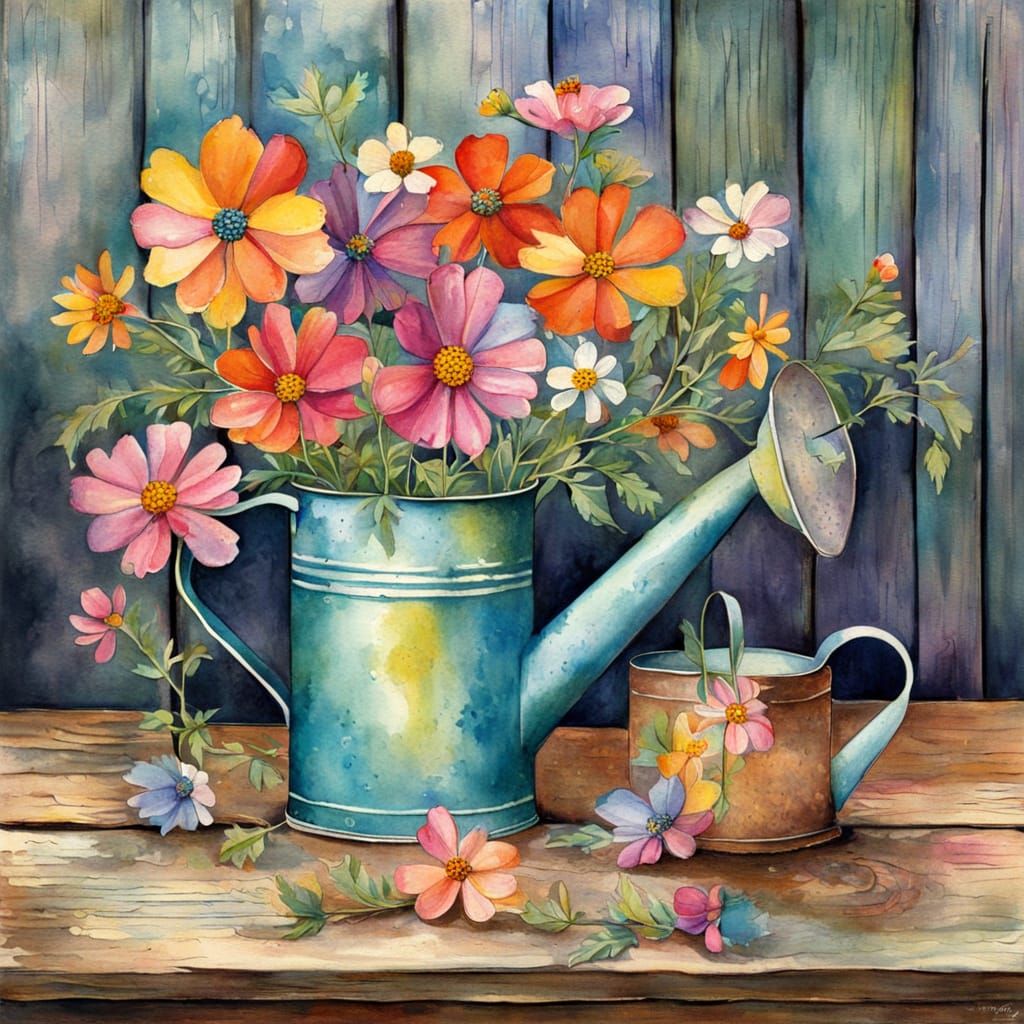 watercolor illustration of cosmos flowers of mixed color in a vintage tin watering can sitting on a worn antique wood ta...