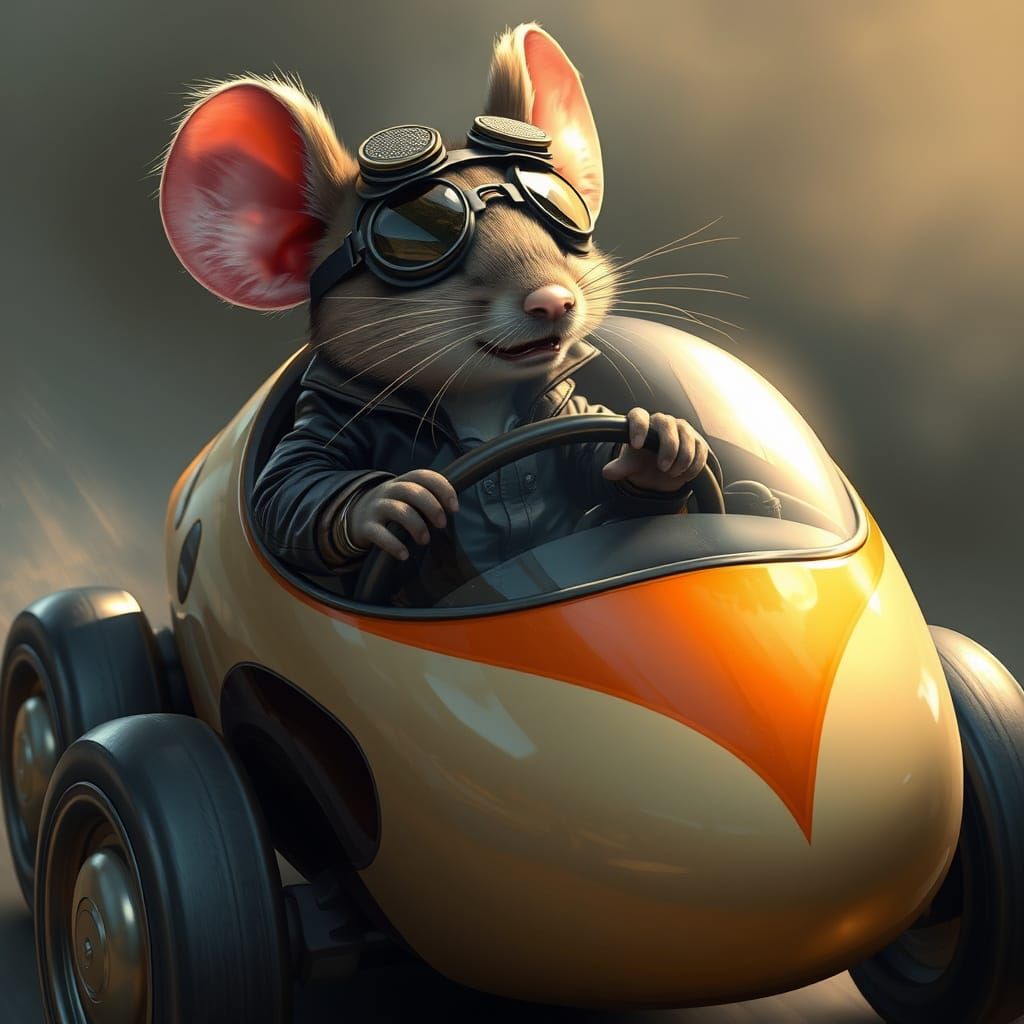 Mouse Driver in Futuristic Egg Vehicle, Hyperrealistic Style