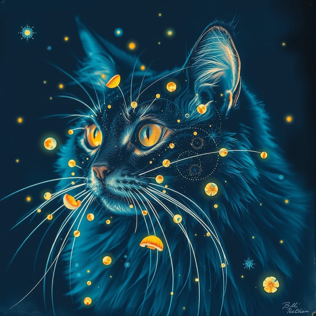 Otherworldly Cat in Mandelbulb Botanical Cyanotype