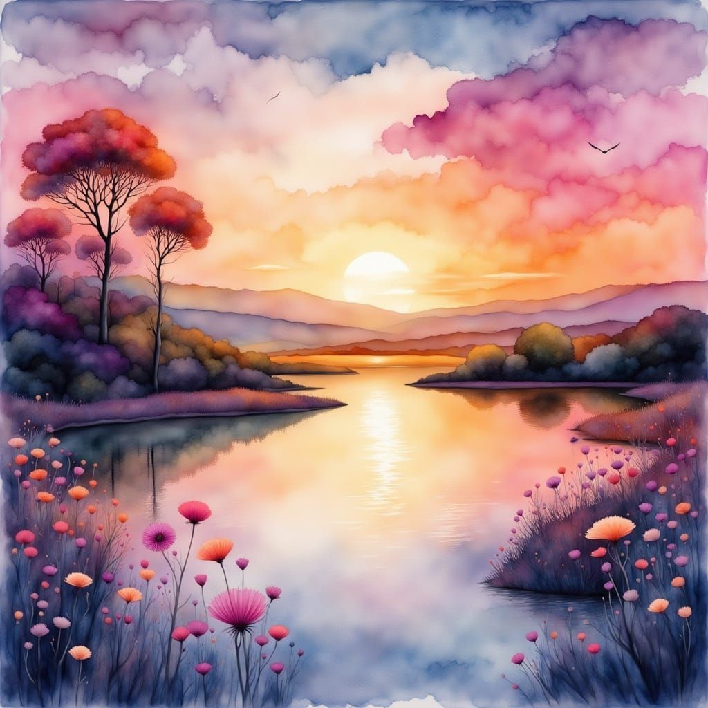 Ethereal Watercolor Sunset over a Tranquil Lake