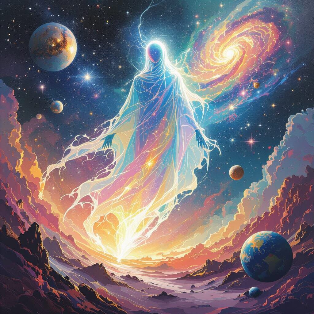 Luminous Being Floats in Vibrant Polychromatic Cosmos