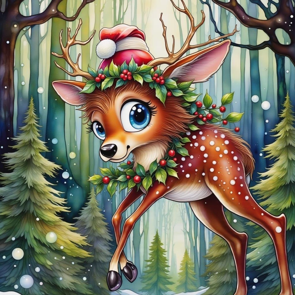 Whimsical Watercolor Deer in Snowy Landscape