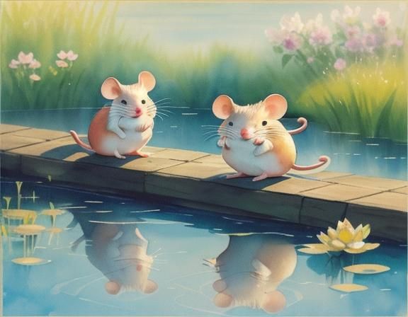 Whimsical Watercolor Mice by a Sparkling Pond
