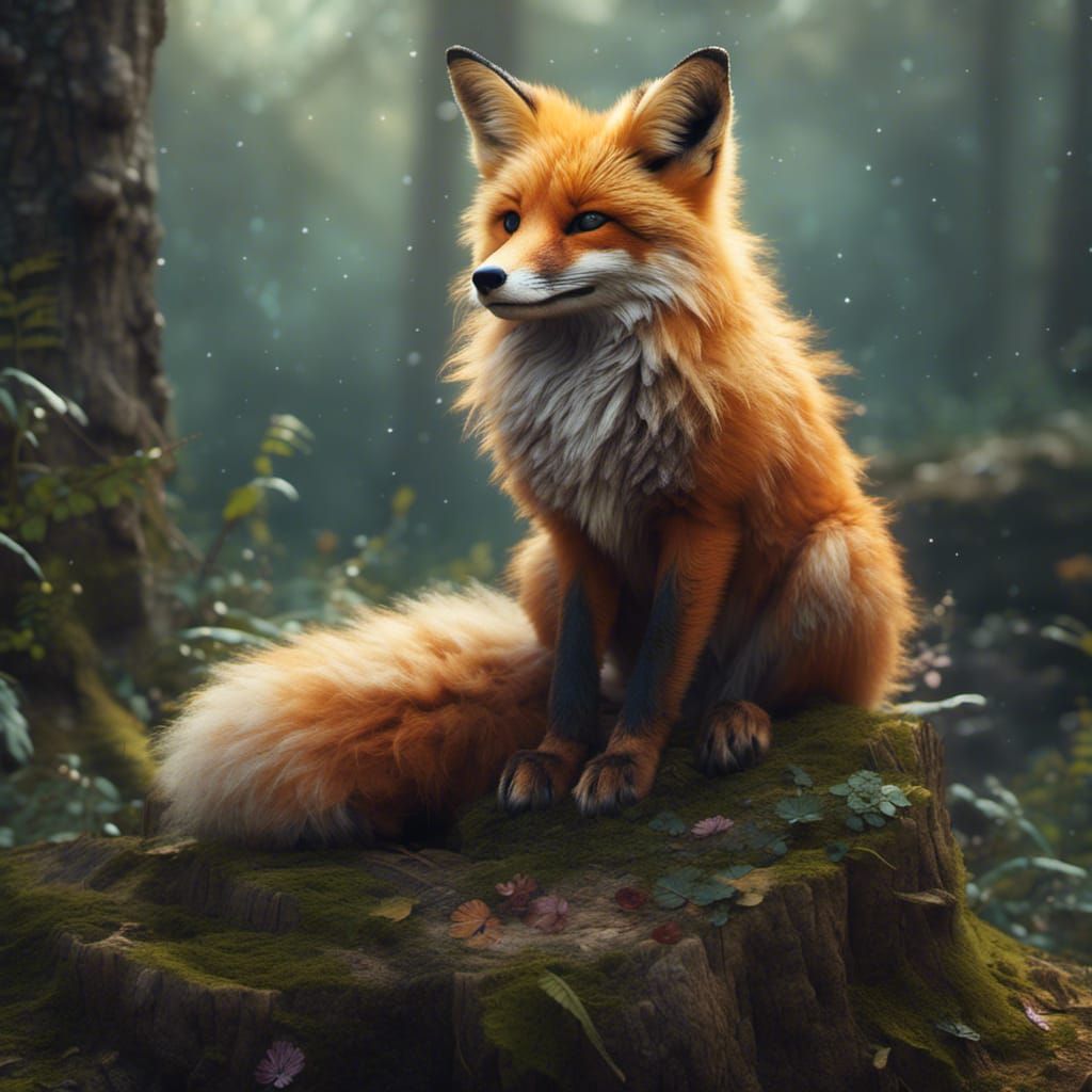 Hyperrealistic Fox on Stump Illustration