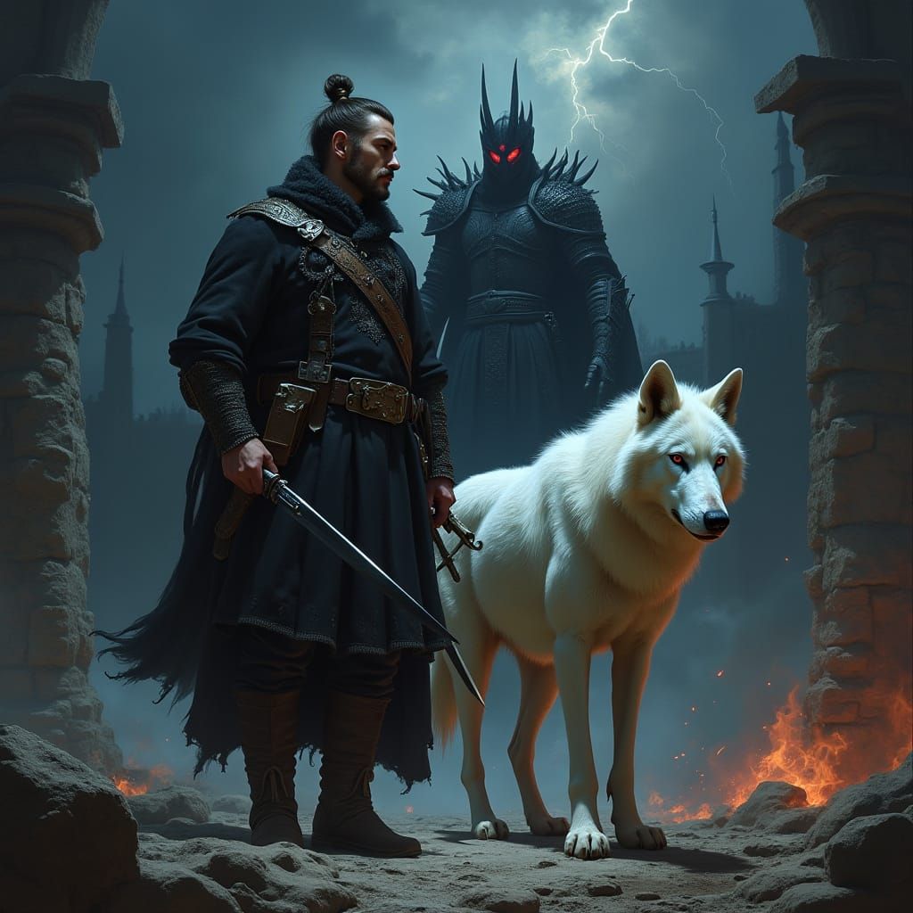 Dark Fantasy Cossack Warrior in Ancient Ruins at Night