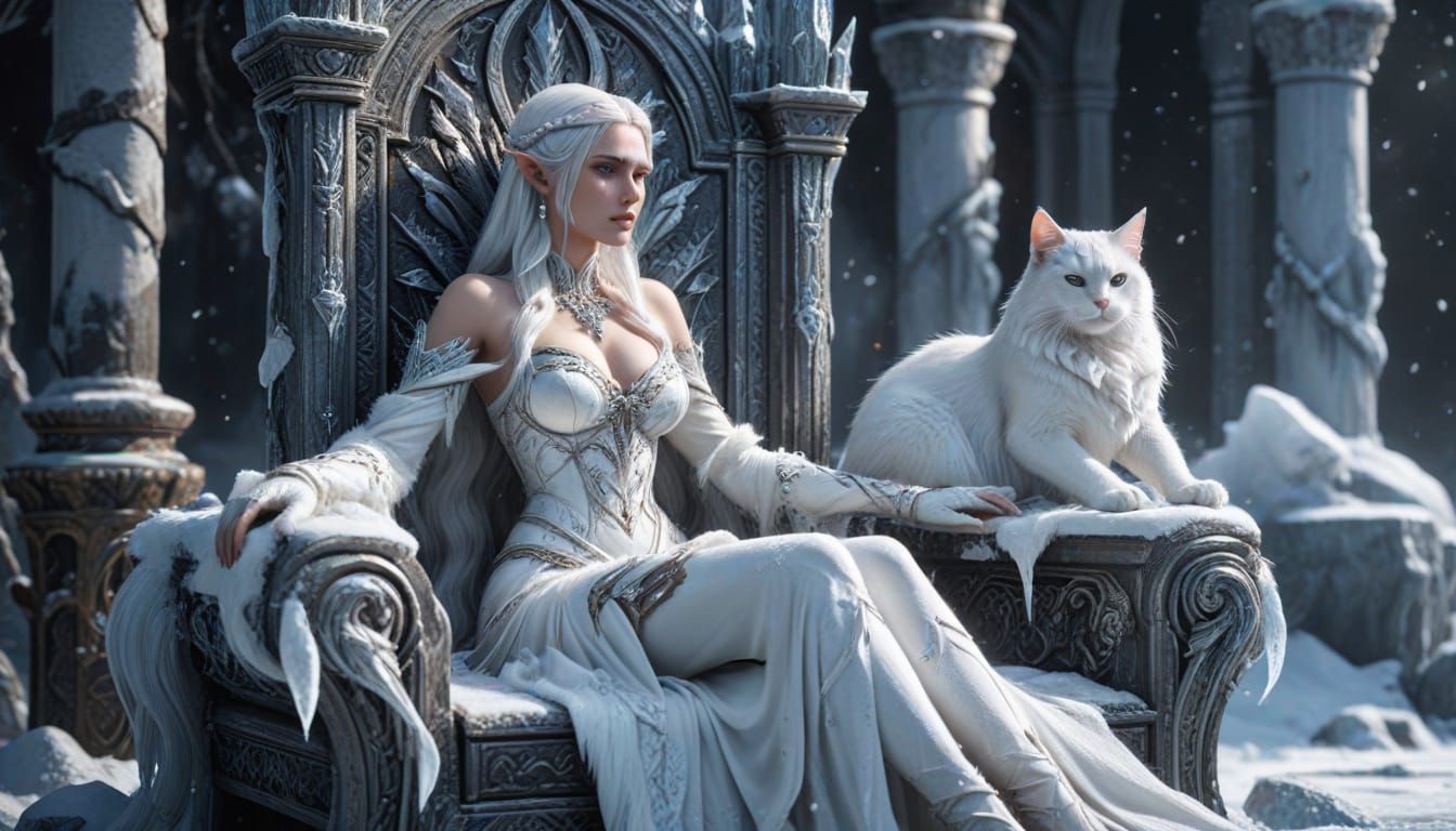 Fantasy Elf Queen in Ice Throne