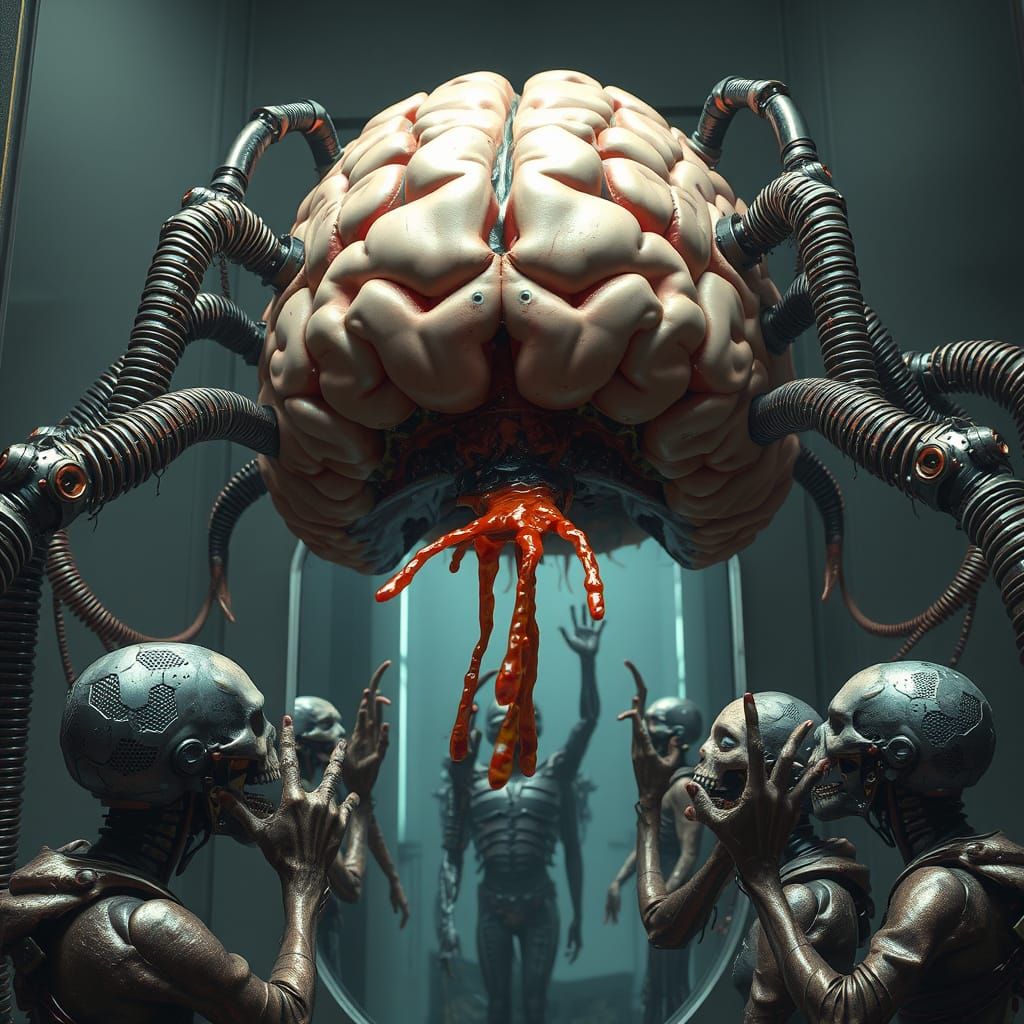 Robotic Brain Pops Zit in Surreal Dark Art Style