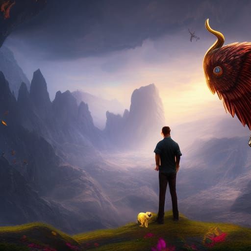 Man and Winged Dog: Fantasy Concept Art