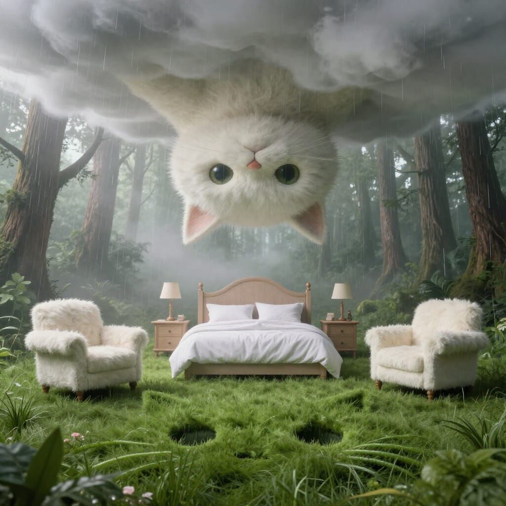 Surreal Upside Down Bedroom with Giant Cat in Misty Forest