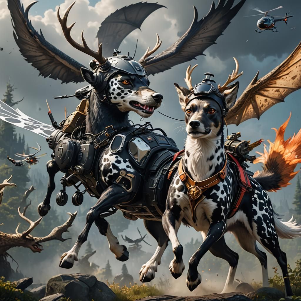 Dog Riding Winged Deer Fighting Dragon: Fantasy Art