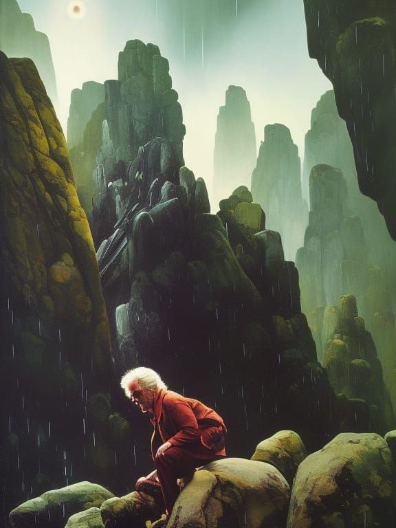 Photorealistic Hermit in Rain, Fantasy Comic Art