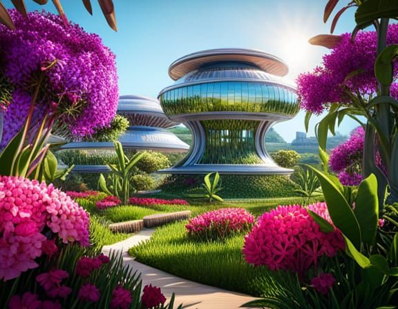 A beautiful creative masterpiece by Patrick Woodroffe; Futuristic Solarpunk House,  flower garden; extremely intricate S...