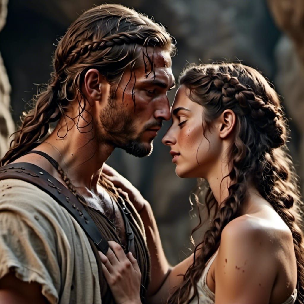 Dionysus and Ariadne Kiss in Cave: Hyperrealistic Portrait