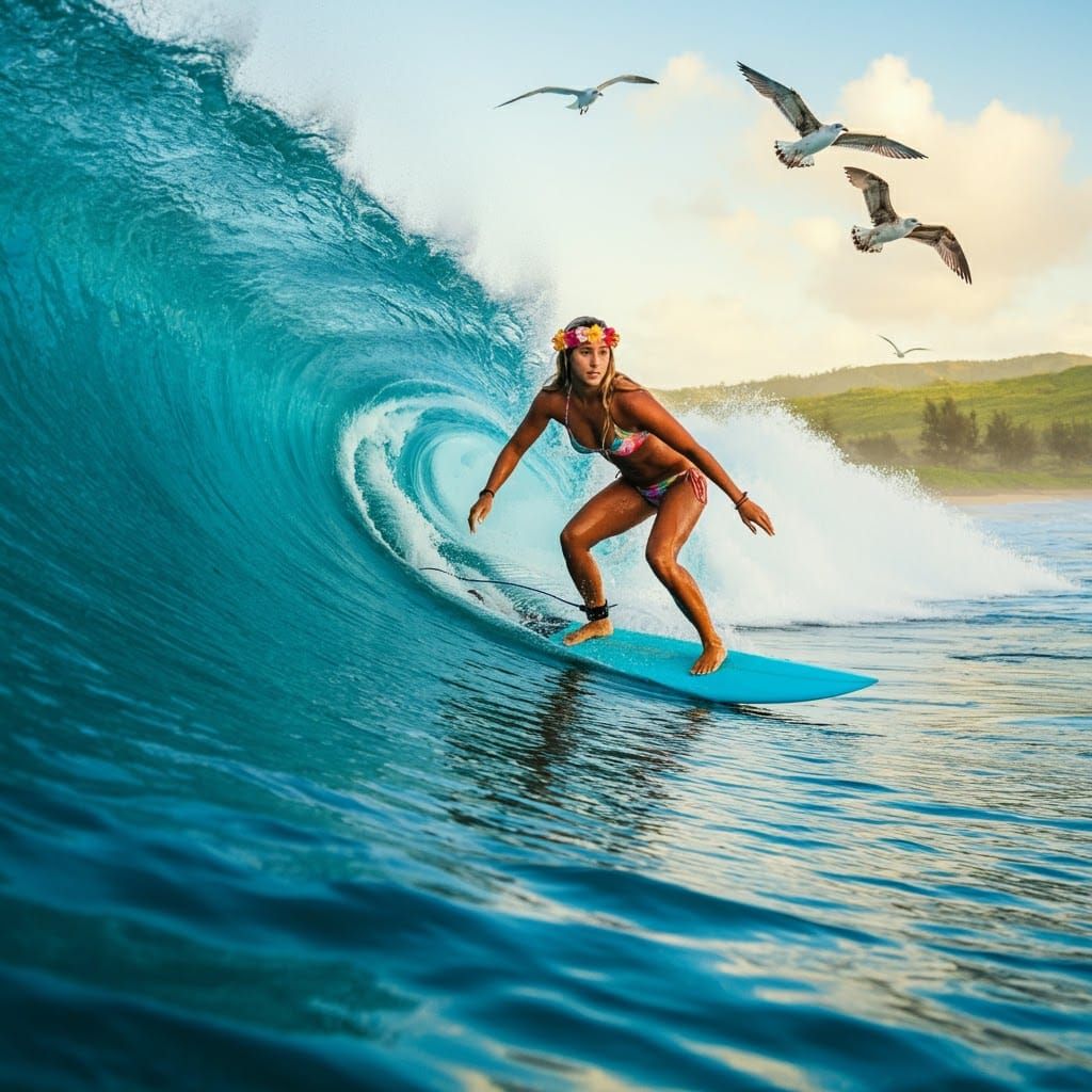 Surfer Rides Barrel at Pipeline Beach, Hawaii