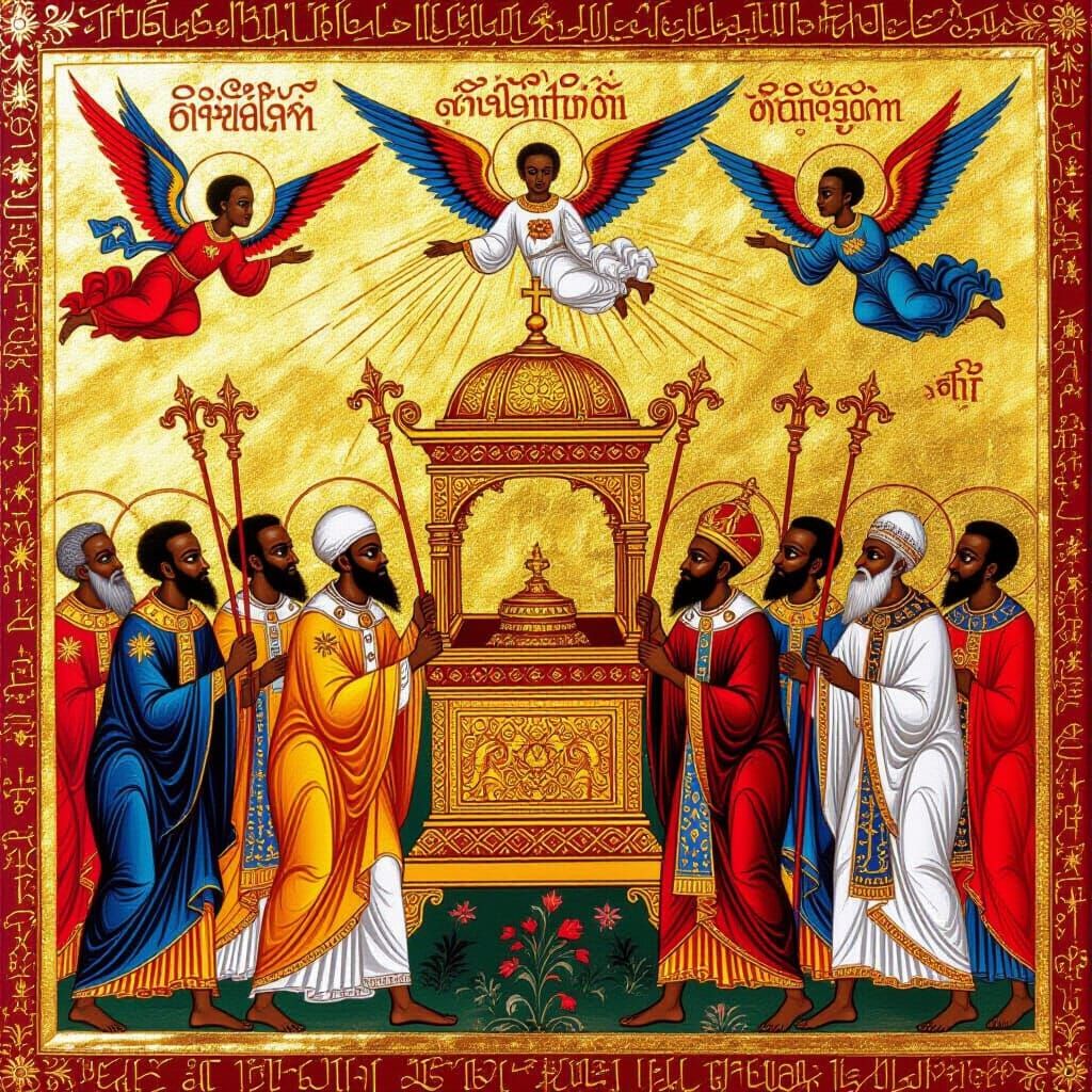 Ethiopian Orthodox Icon: Ark of the Covenant Carried by Prie...