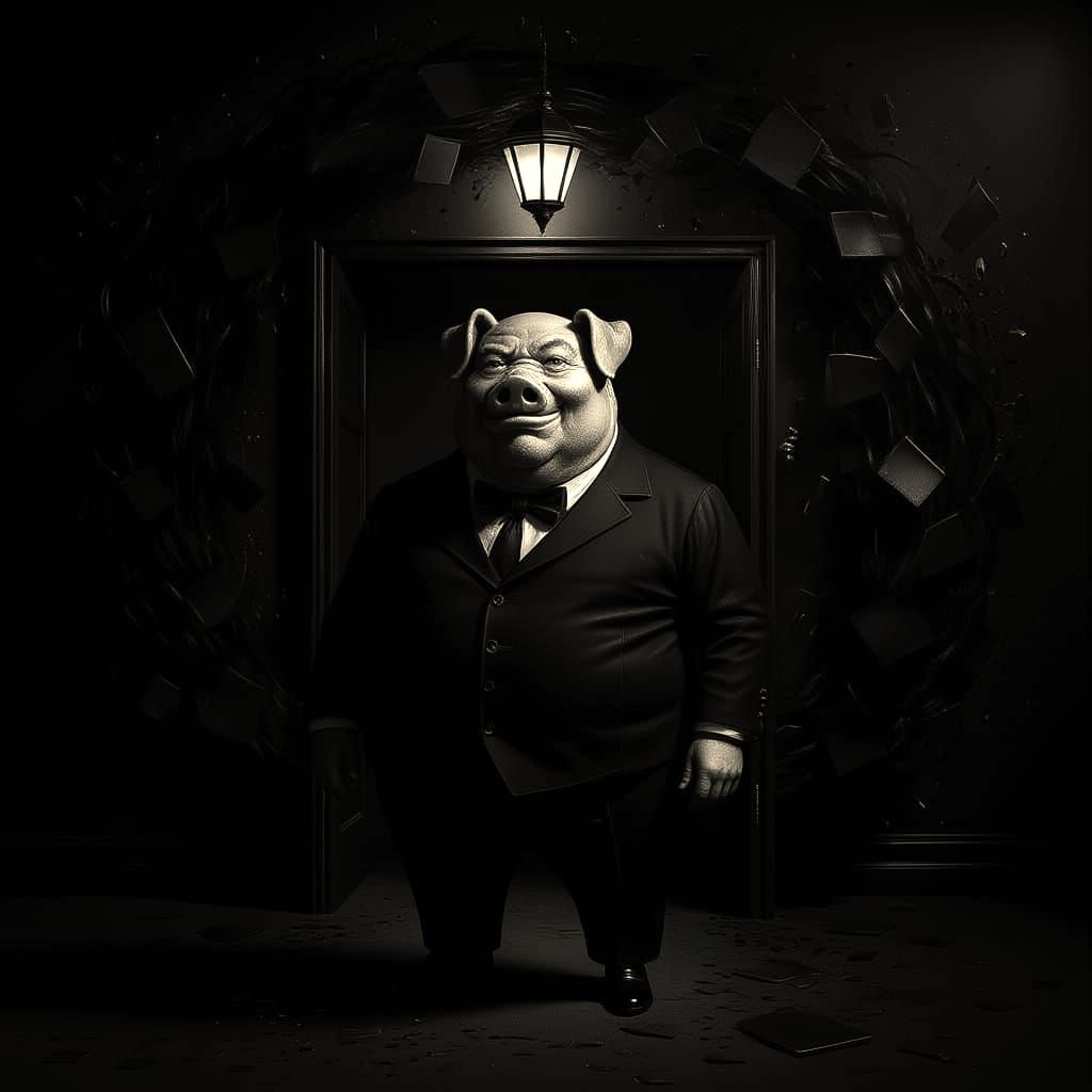 Corpulent Pig-Man in Gothic Attire at Sinister Club Entrance
