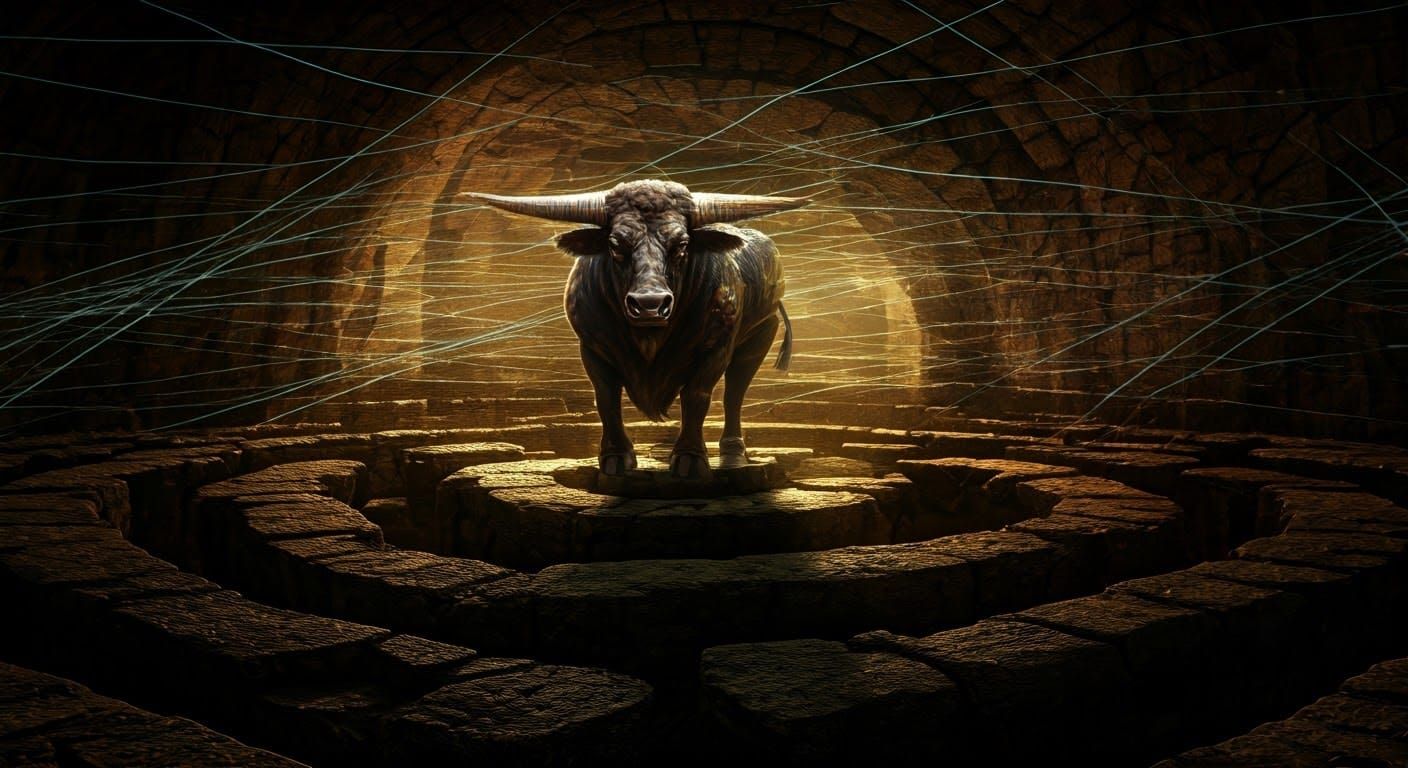 Mystical Minotaur in Dreamlike Labyrinth at Twilight
