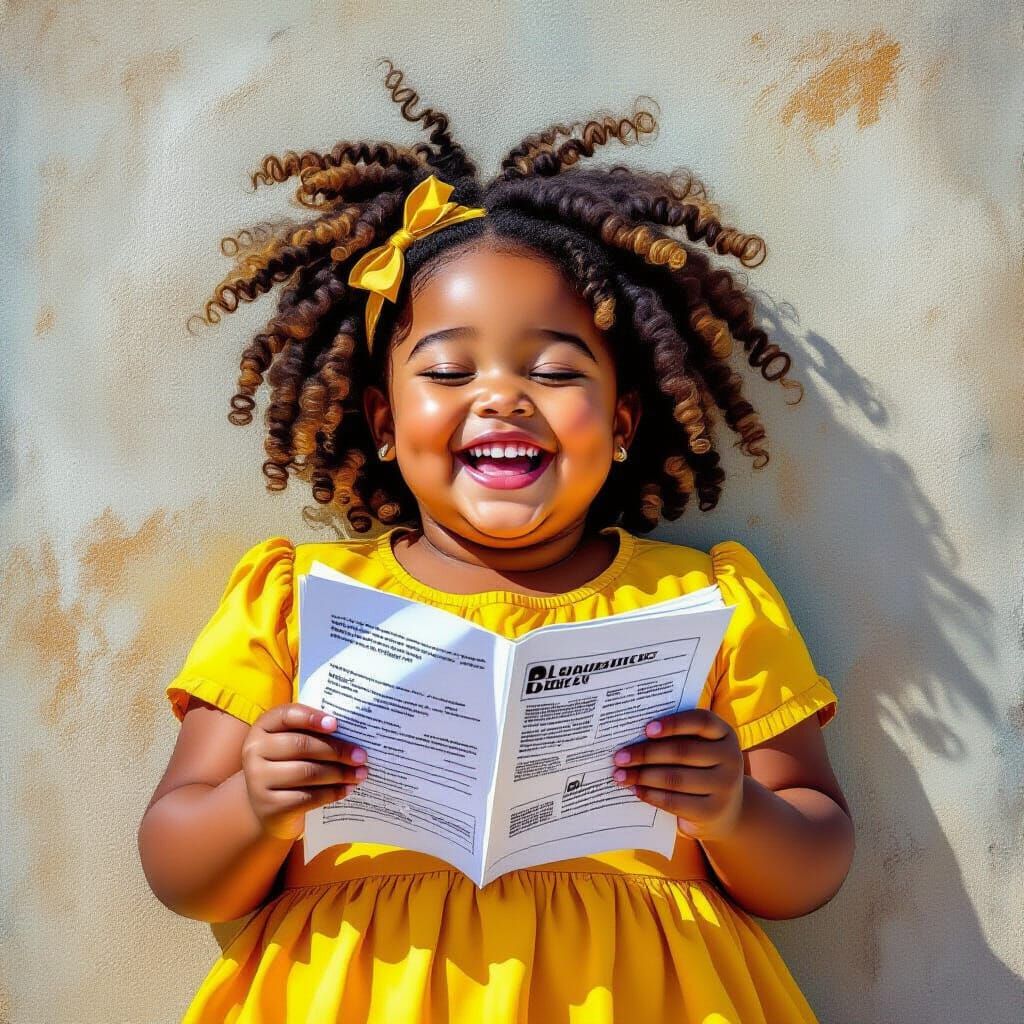 Joyful Girl Reads School News in Vibrant Street Art Style