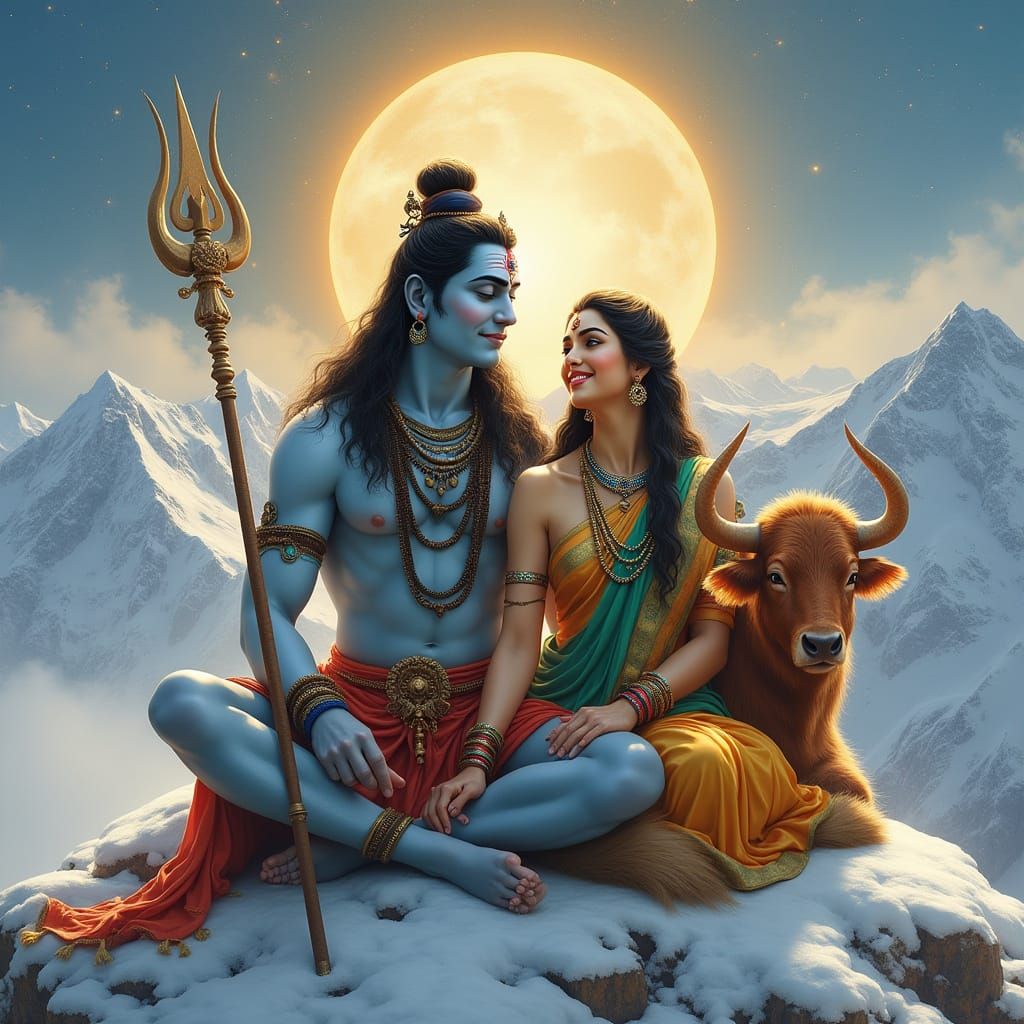 Serene Lord Shiva and Goddess Parvati on Mount Kailash in Go...