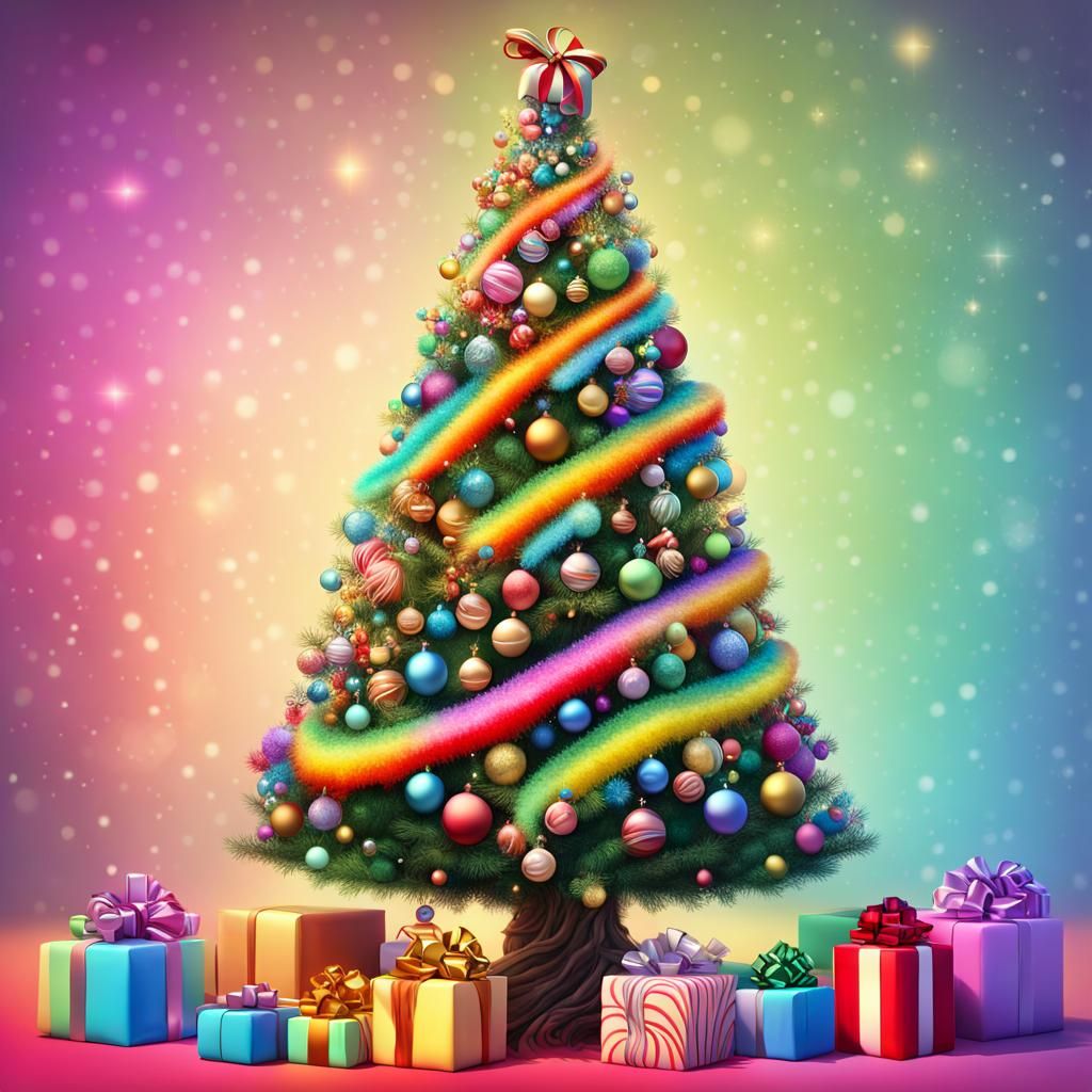 Rainbow Christmas Tree in Candyland Art Style