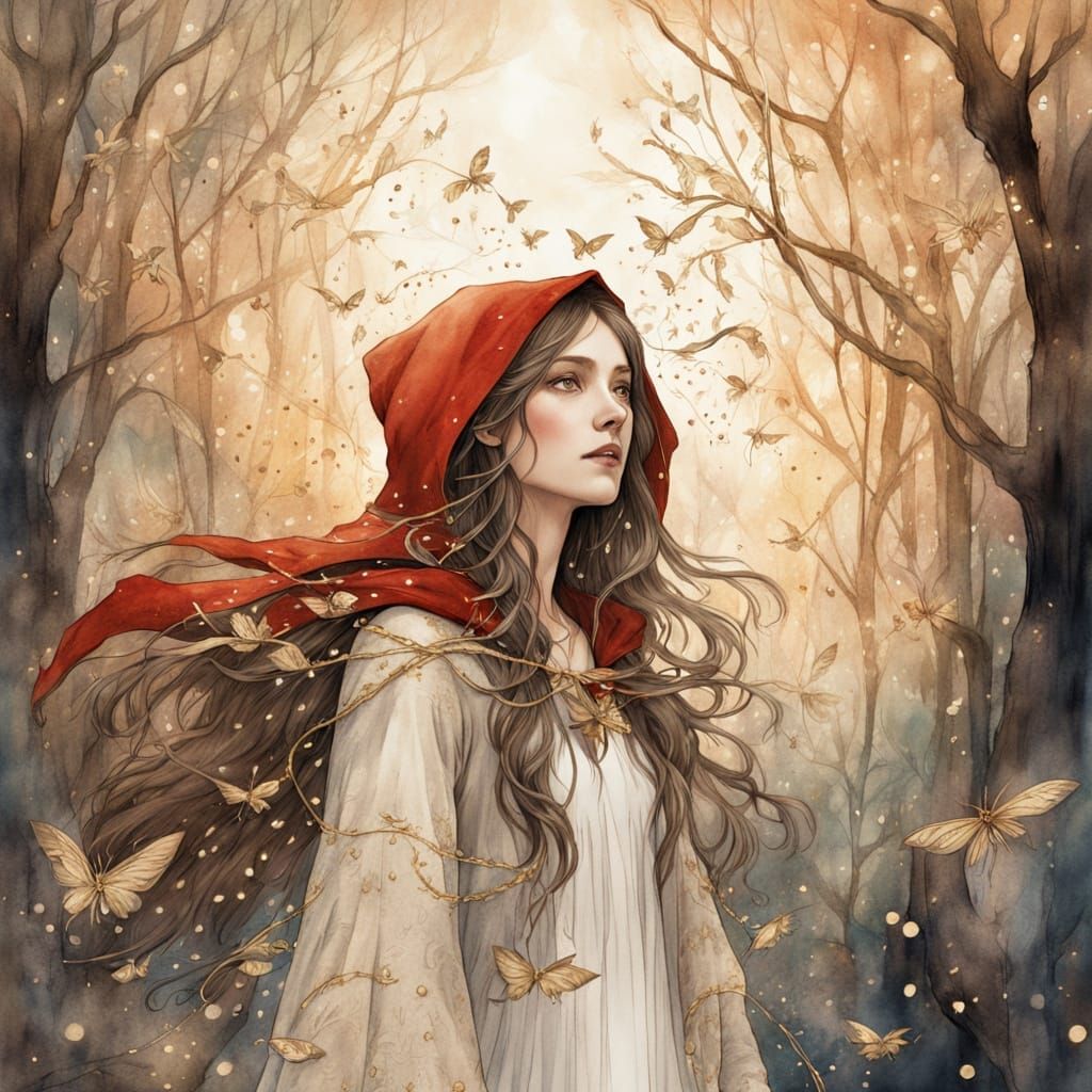 Mystical Girl Surrounded by Golden Fireflies in a Whimsical ...