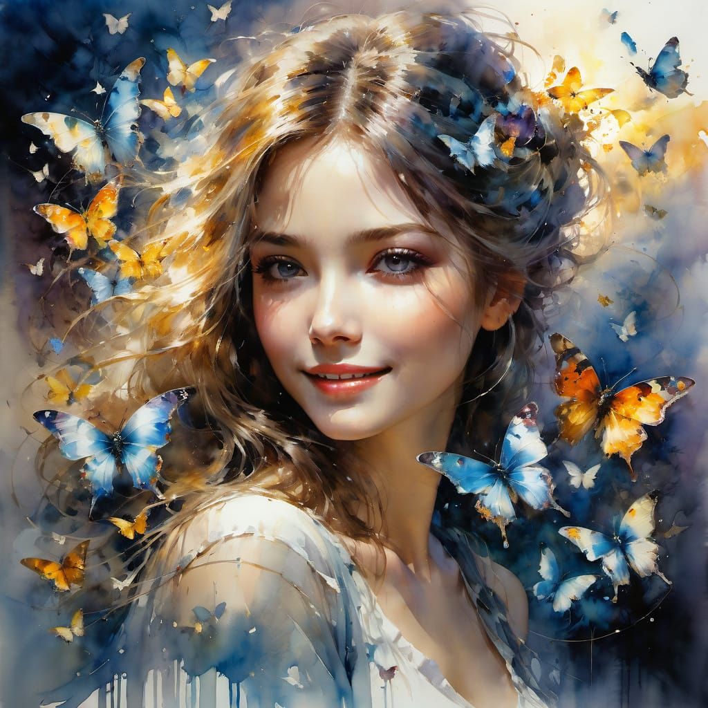 Ethereal Watercolor of a Happy Woman Amidst a Whimsical Butt...