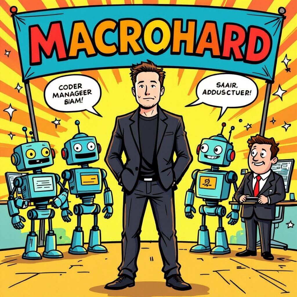 Elon Musk Presents Macrohard in Comic Strip Style