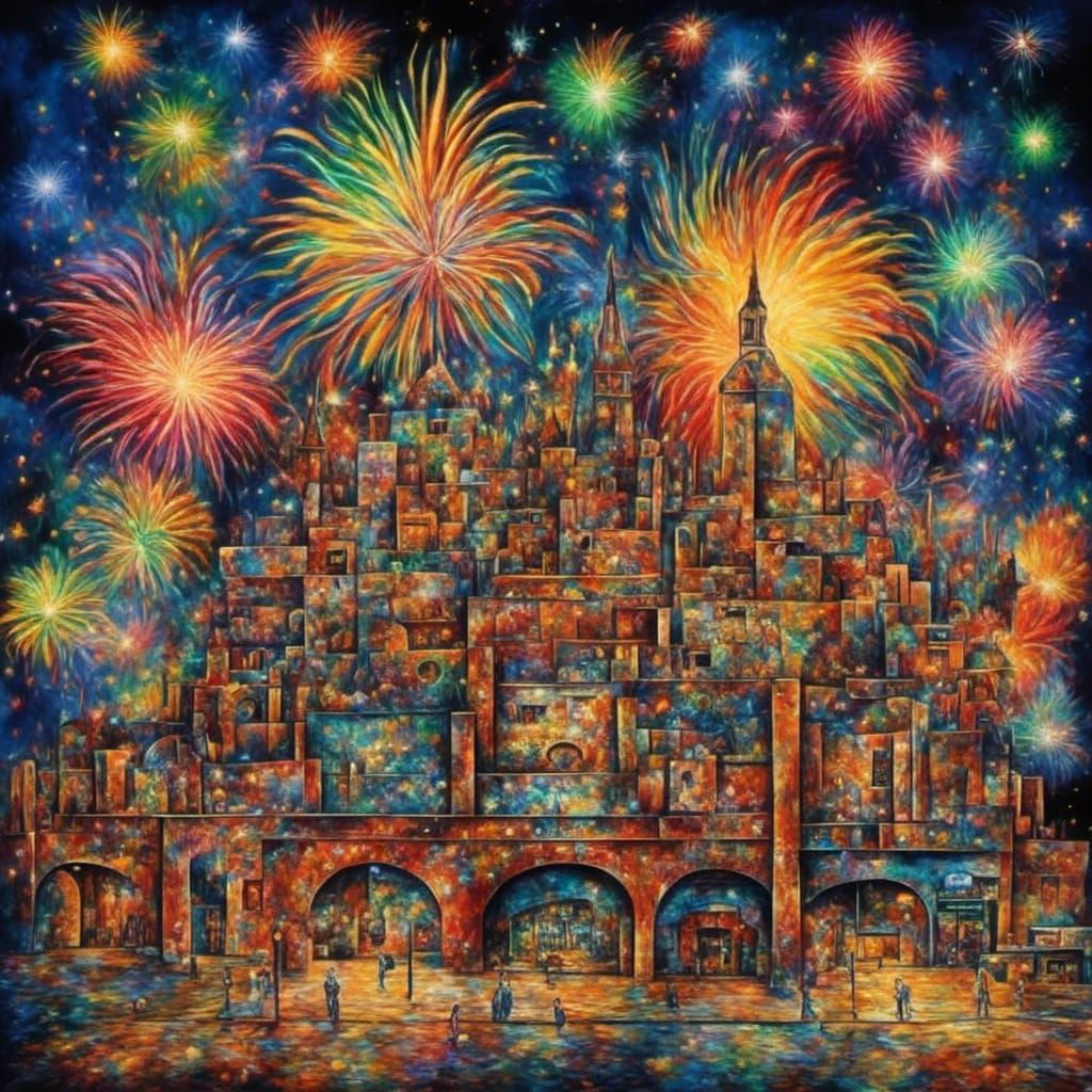 Colorful Fireworks Factory at Night