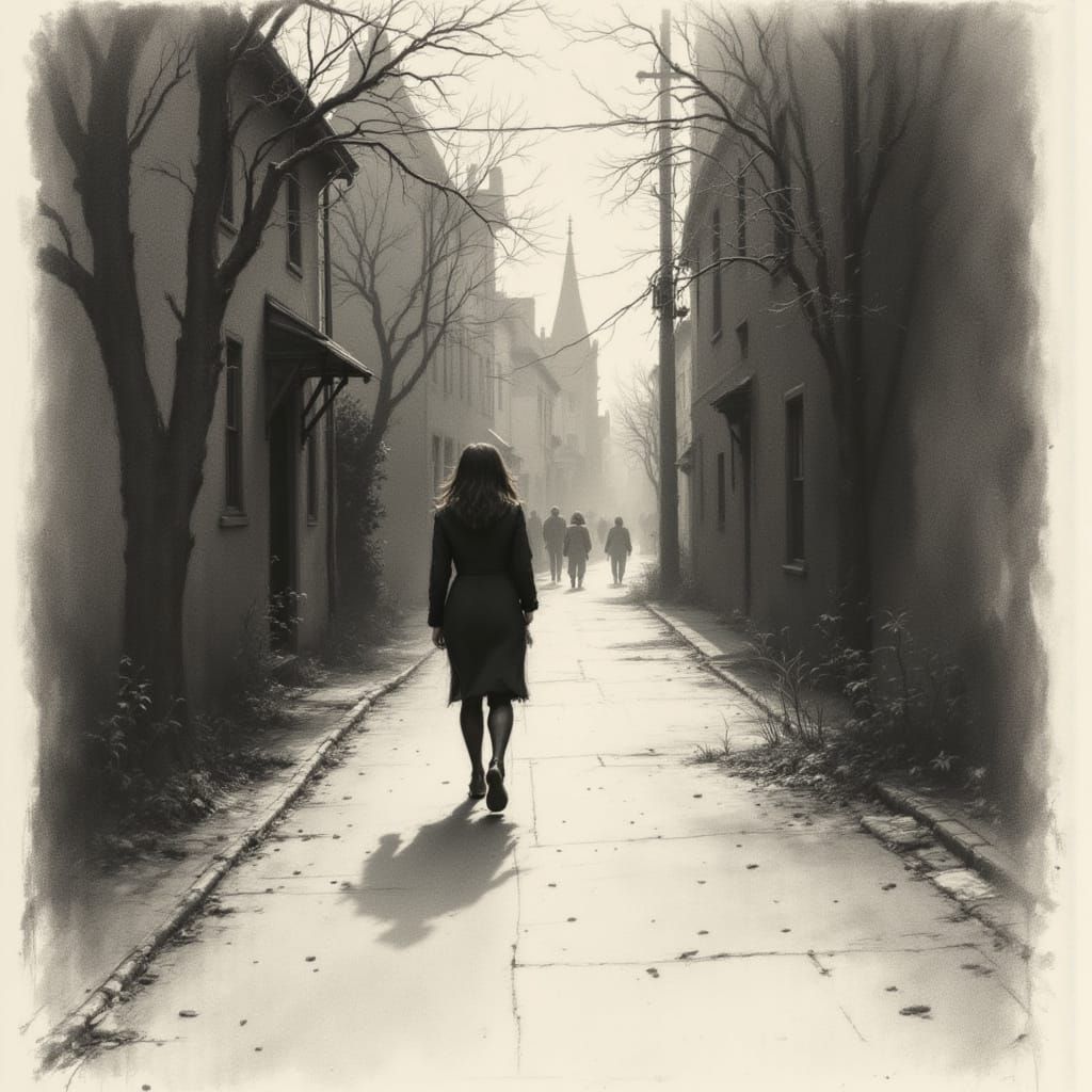 Quiet Streets Whispering in Charcoal Sketch Style
