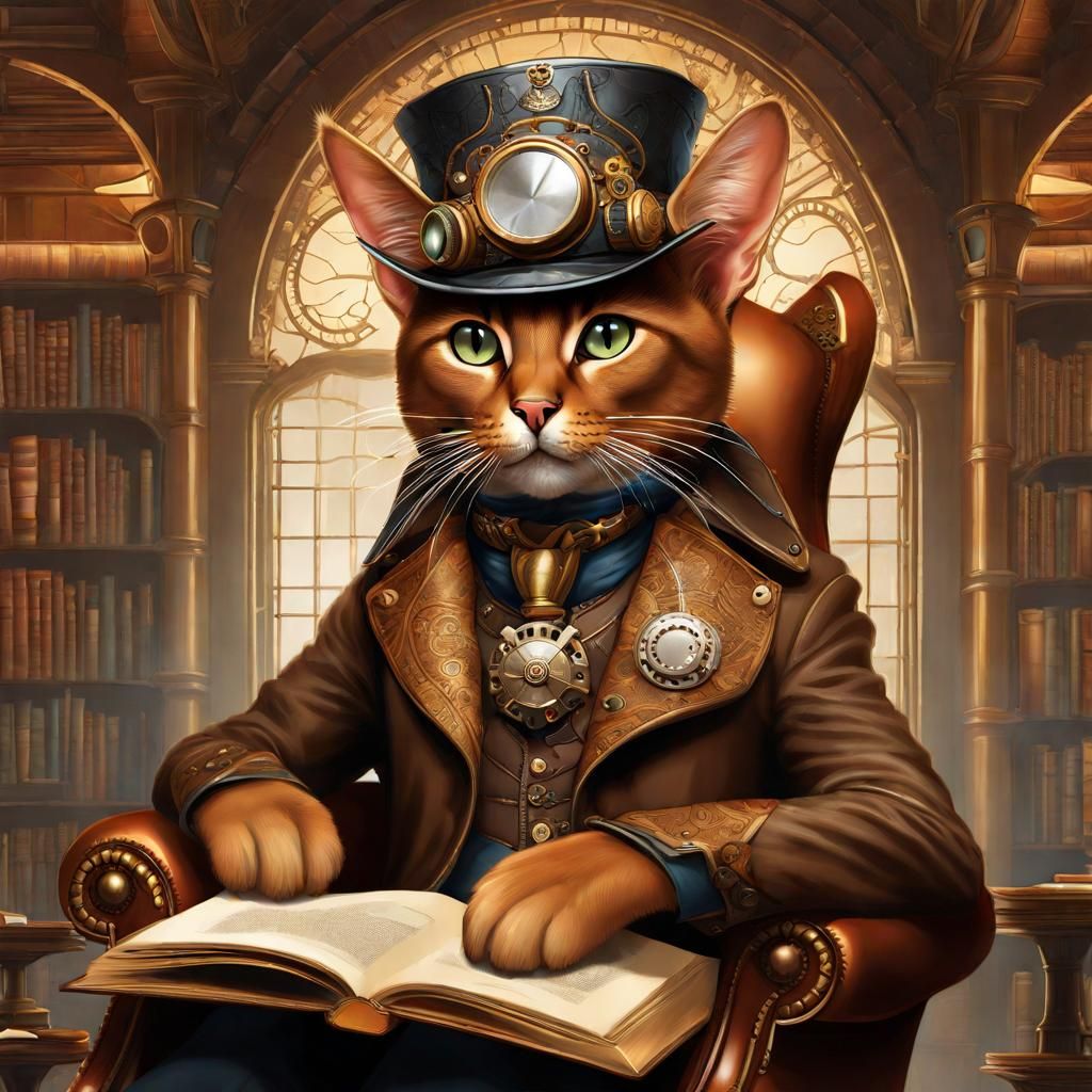 Steampunk Abyssinian Cat Reading in Library