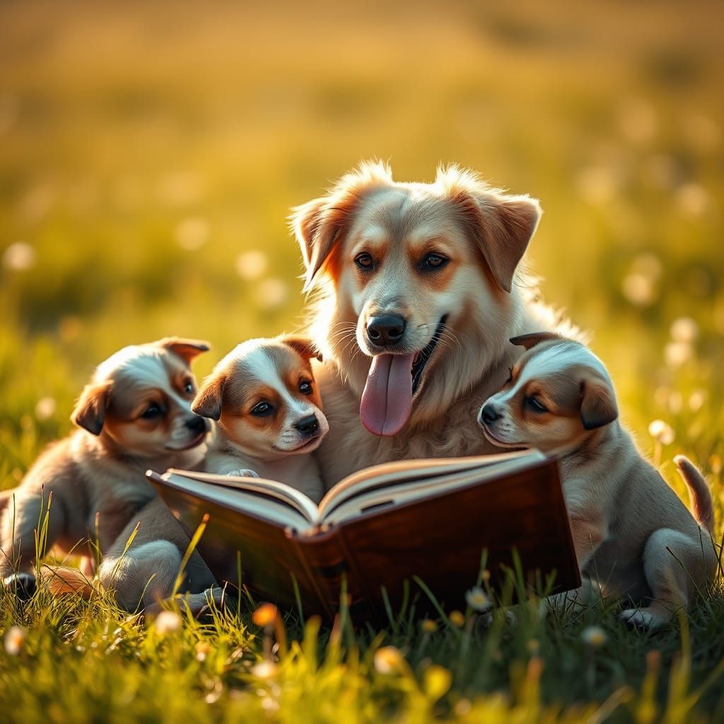Dog Reads to Puppies in Sunny Meadow