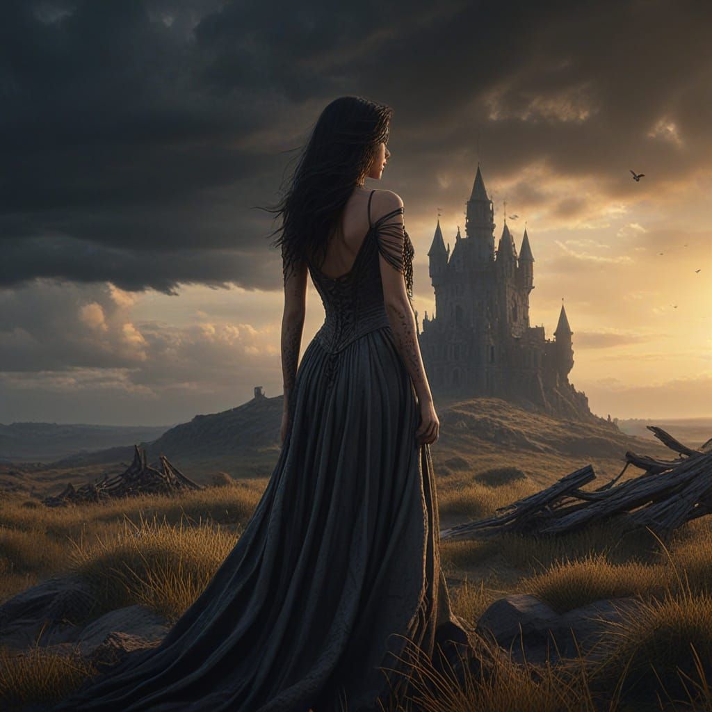 A lone woman with long black hair stands in a misty moor, gazing forlornly at a ruined gothic castle on the horizon. She...