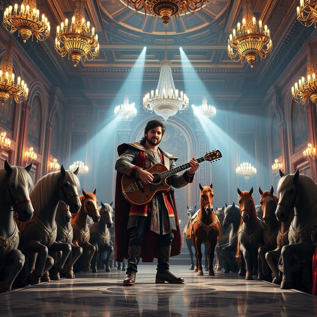 Bard Entertains Horses in Royal Palace: 3D Game Art
