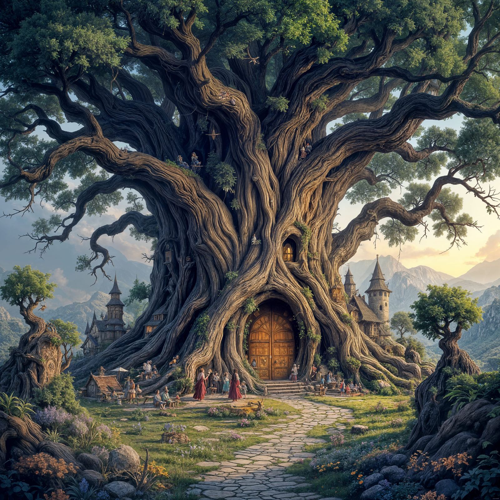 Celtic Village in Ancient Tree: Art Nouveau Fantasy