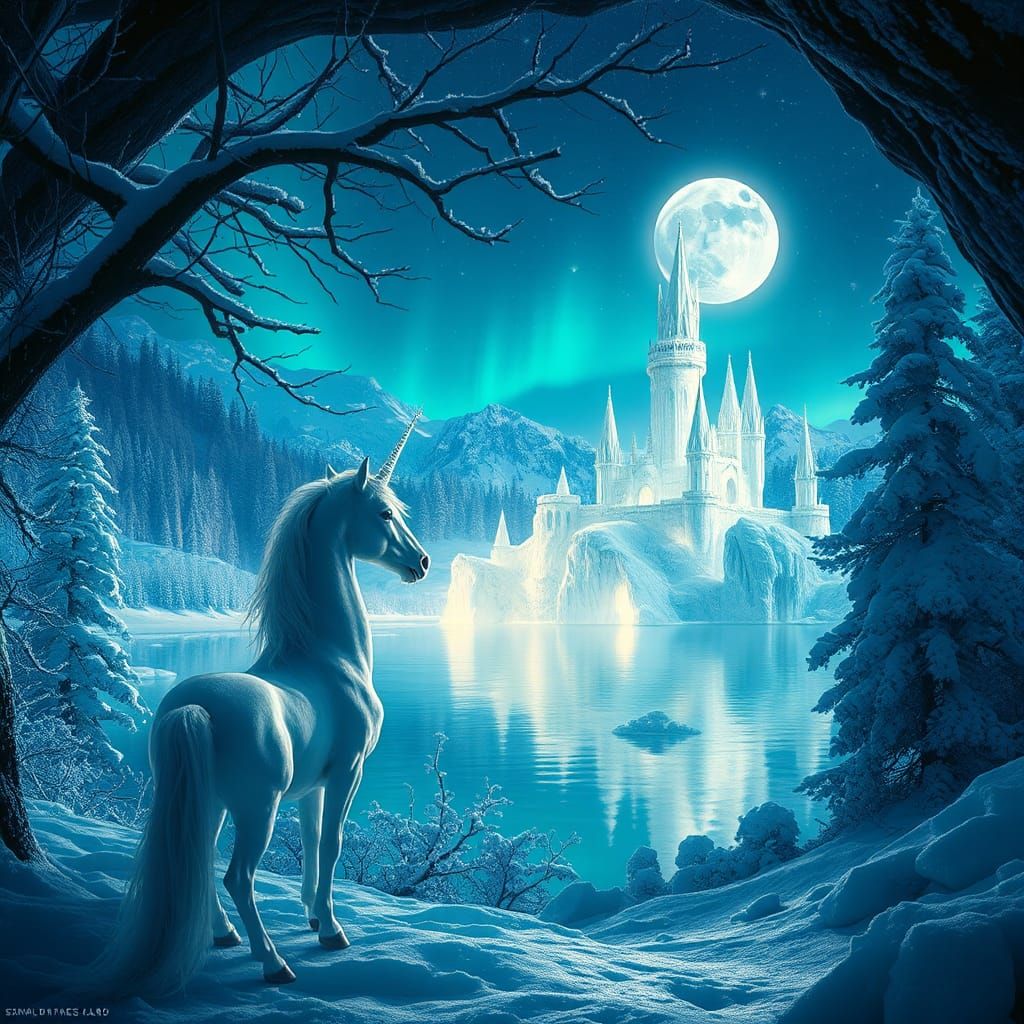 Ethereal Unicorn in Frozen Kingdom: Matte Painting Style