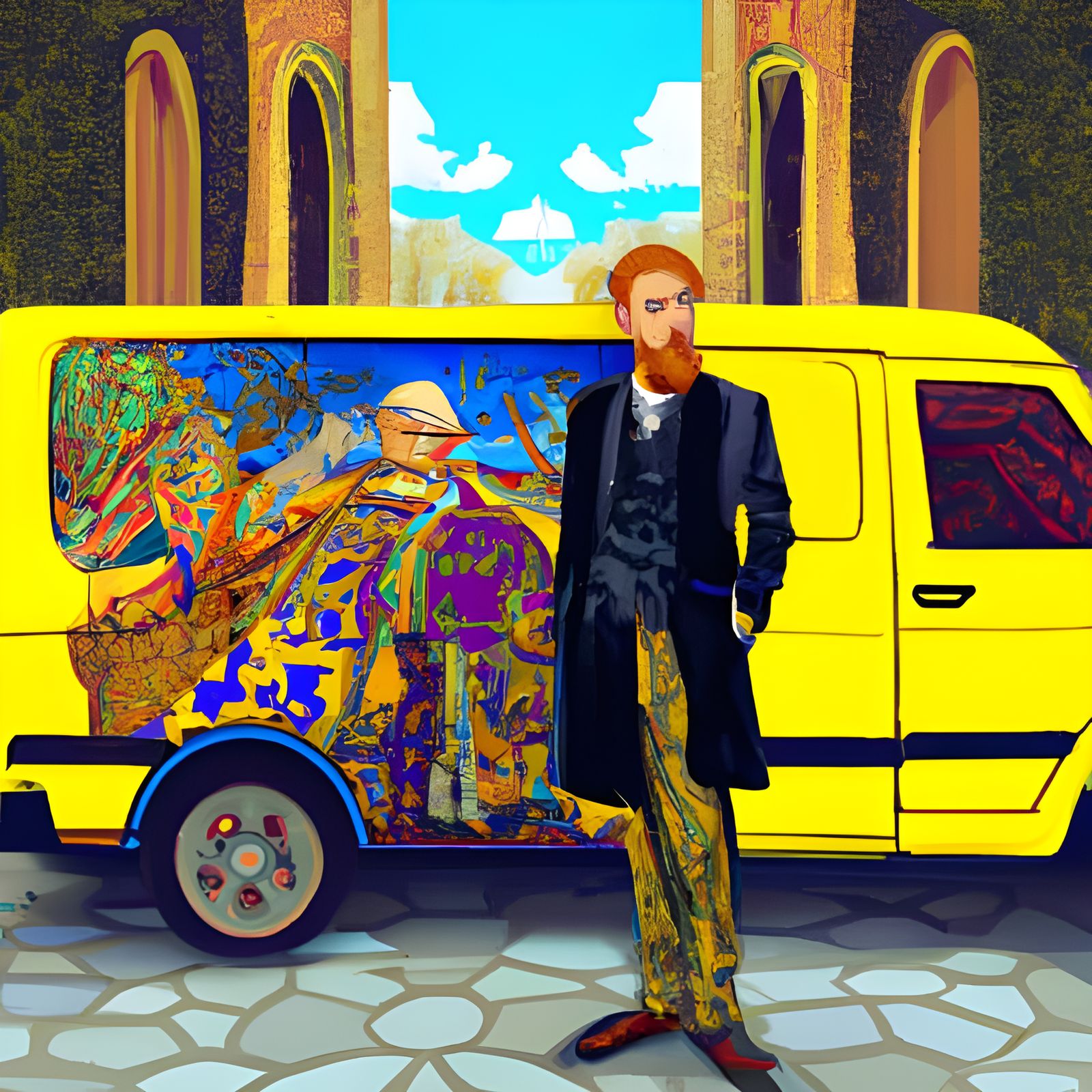 Van Gogh Inspired Figure with Minivan, Digital Art