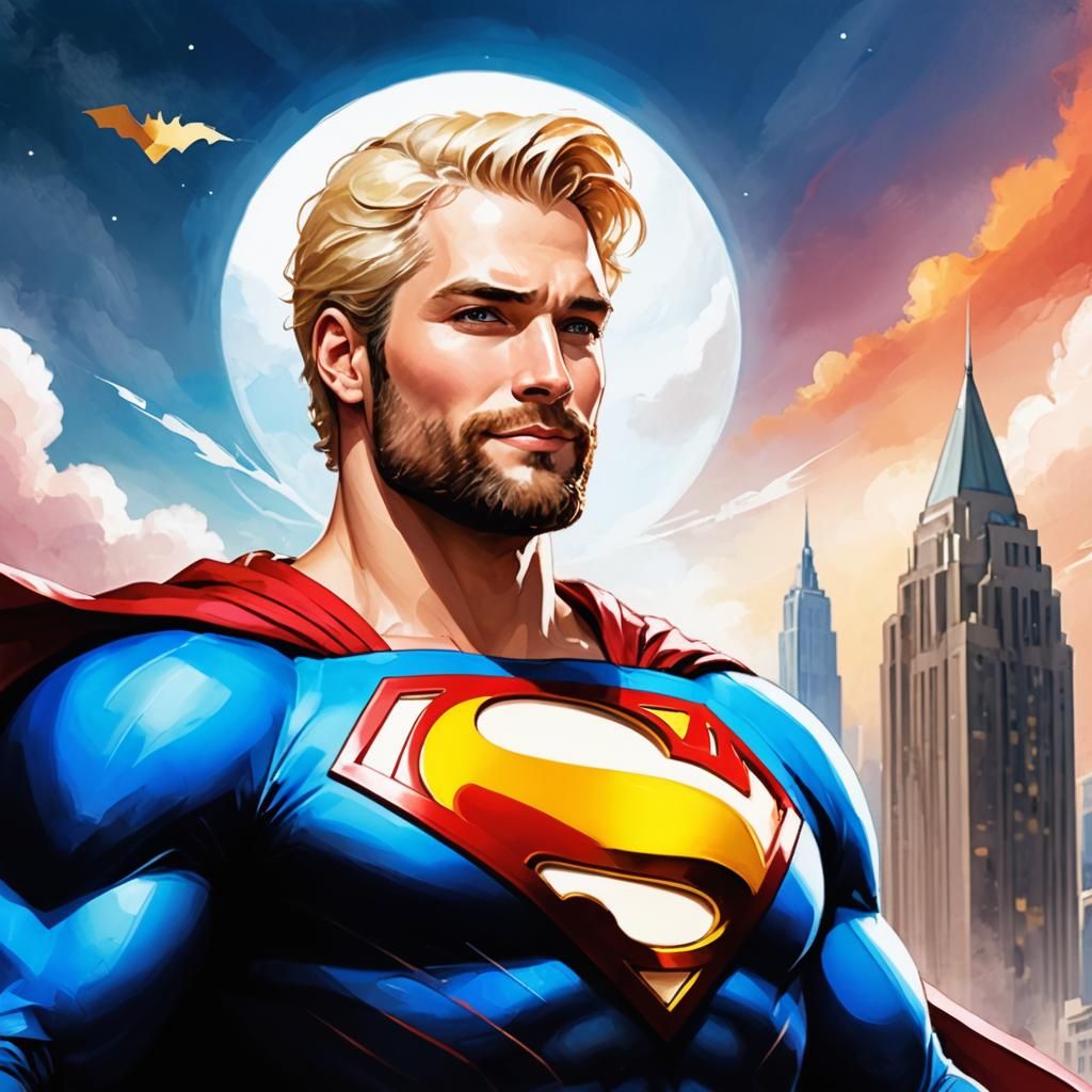 Joyful Blond Superman Portrait in Comic Book Style