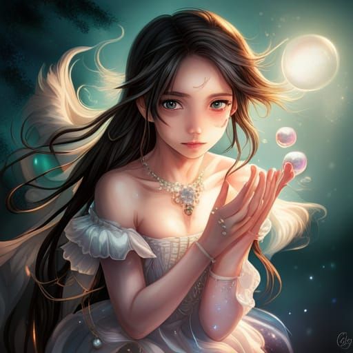 Anime Elf Girl Portrait with Sparkling Bubbles